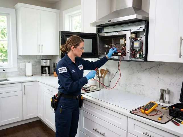 Appliance Repair Hero technician testing an over-the-range microwave in a Bladensburg, MD kitchen